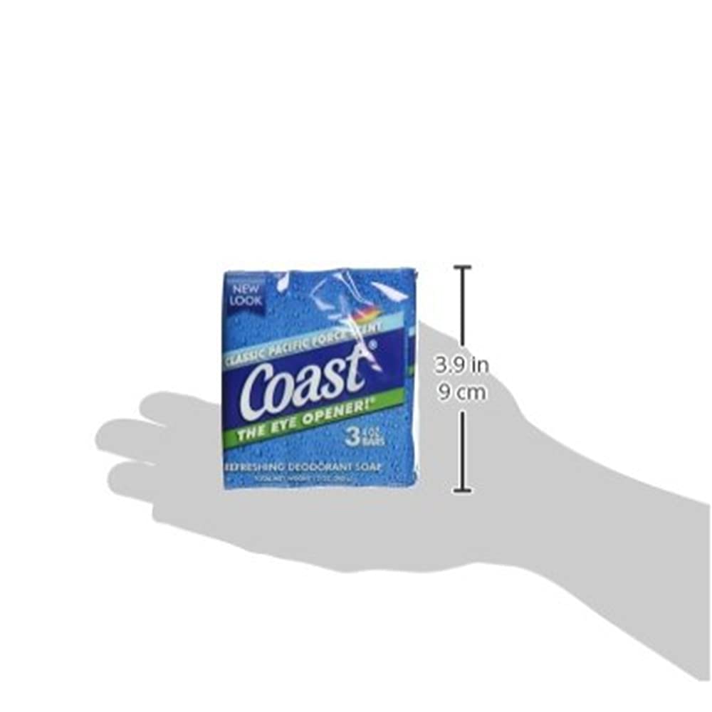 Close-up of Coast Original Blue three-bar soap, rich lather and coconut scent.