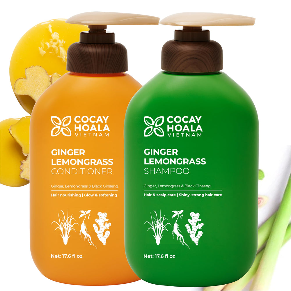 COCAY HOALA VIETNAM lemongrass ginger shampoo bottle promotes refreshed, cleaner hair