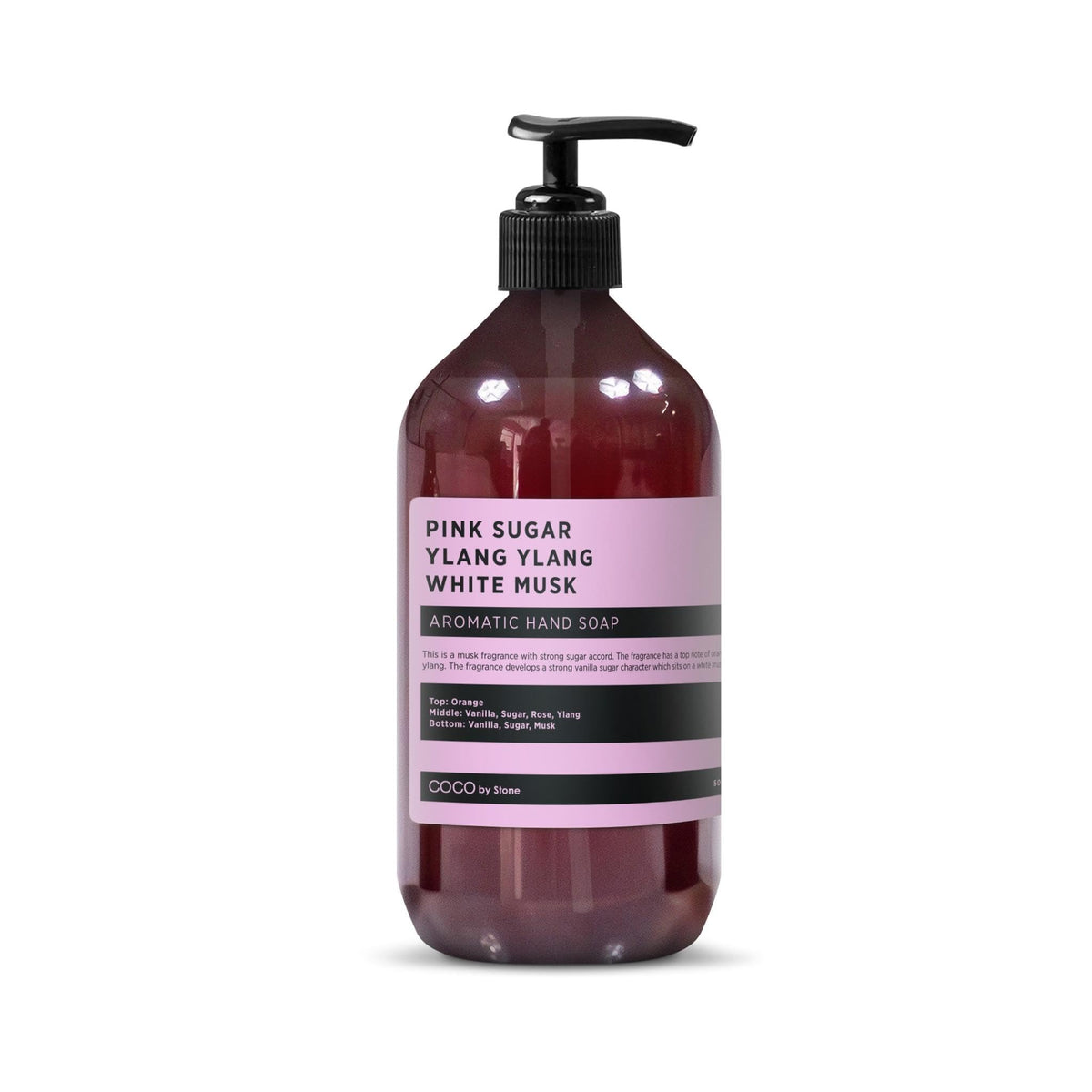 COCO by Stone Pink Sugar bottle on sink for luxury hand cleansing