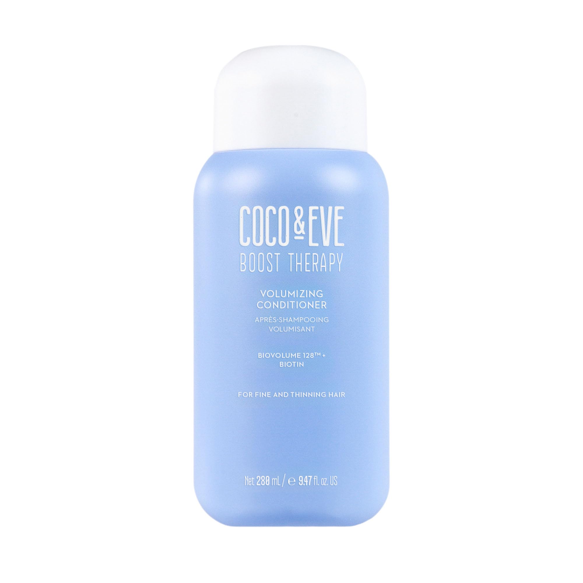 Coco & Eve Boost Therapy bottle closeup highlights biotin-enriched formula for fuller-looking hair.