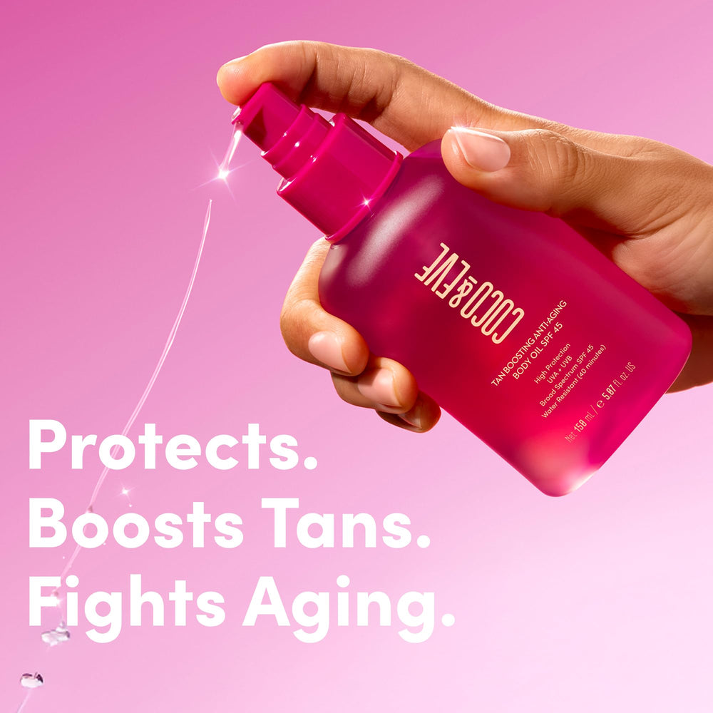 Coco and Eve Tan Boosting Oil applied outdoors for glow