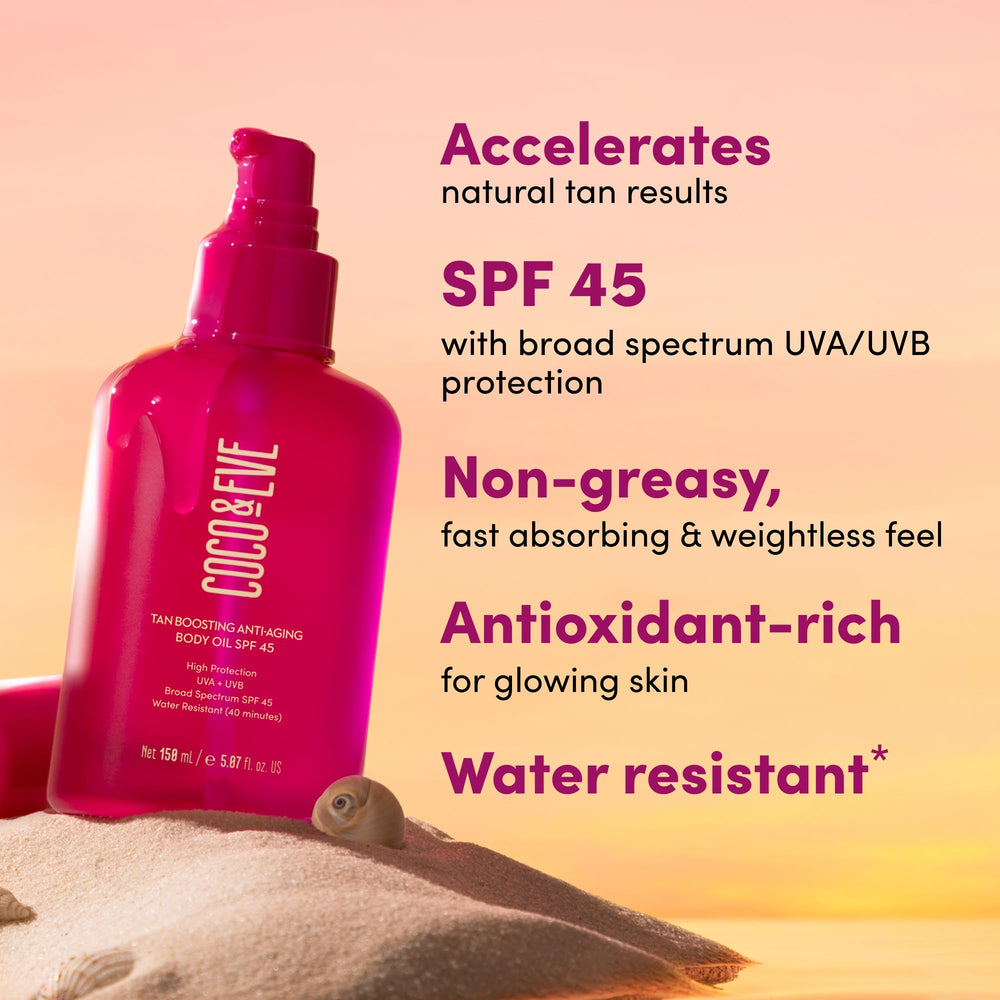 Coco and Eve Tan Boosting Oil delivers a silky finish for beach days