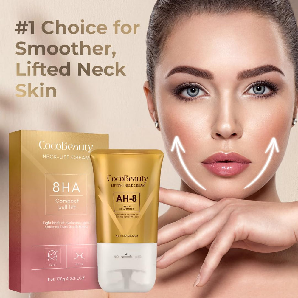 COCOBEAUTY AH-8 neck cream bottle shows a fast absorbing non greasy formula