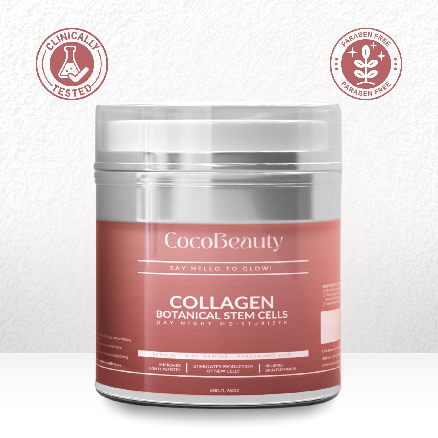 Clean beauty label highlighting vegan, cruelty-free, and paraben-free formulation.