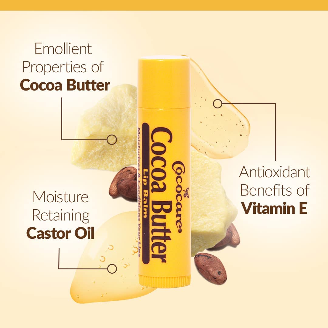 COCOCARE Cocoa Butter Lip Balm being applied to lips for silky smoothness.