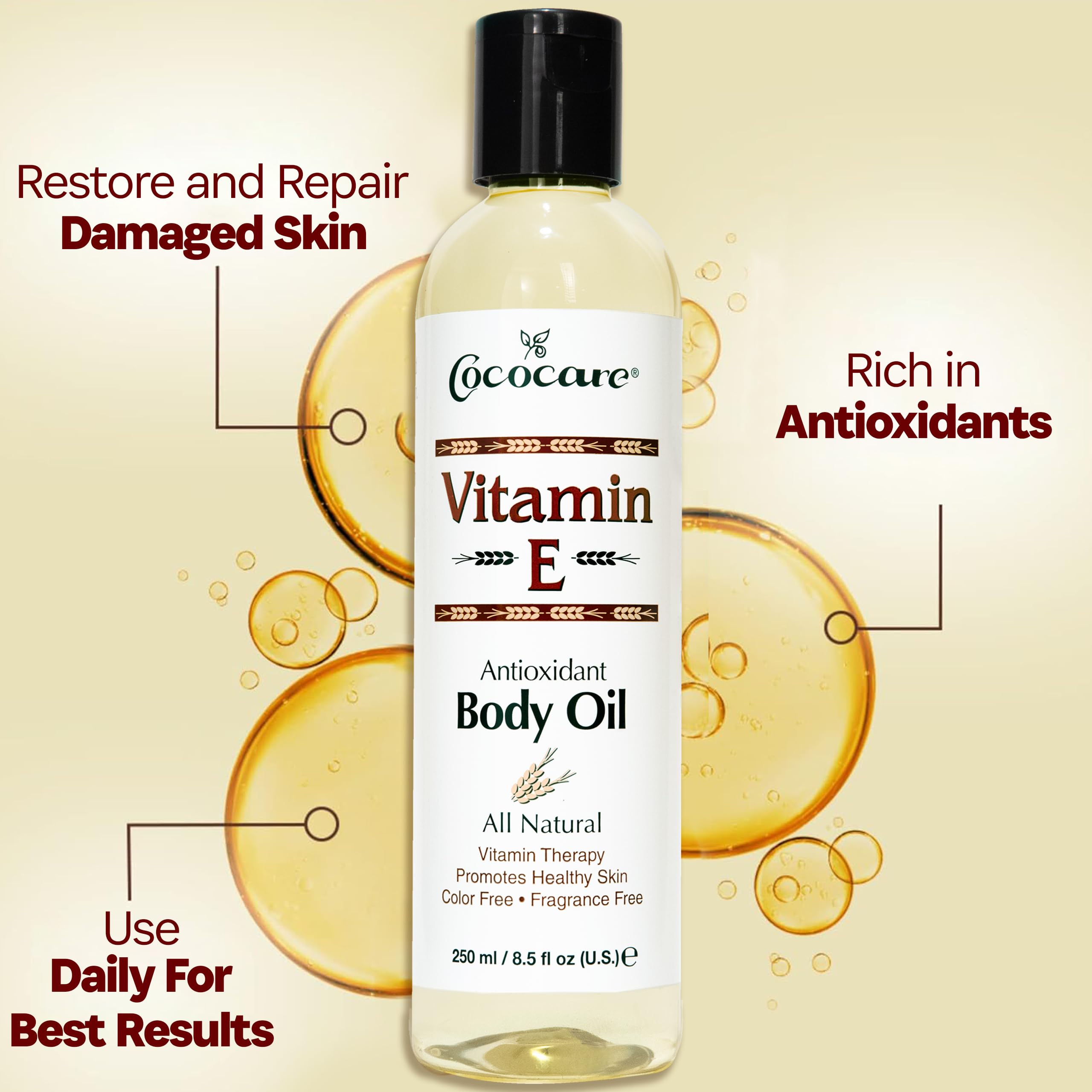COCOCARE Vitamin E oil close-up texture highlights silky finish and fast absorption.