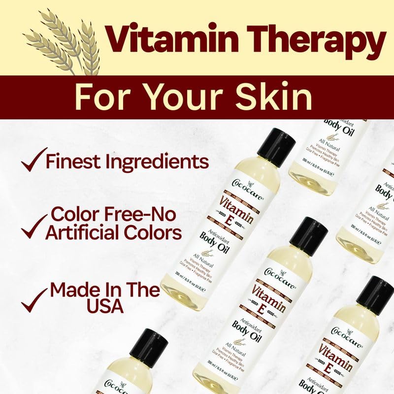 COCOCARE Vitamin E body oil fragrance-free bottle highlights sensitive skin suitability.