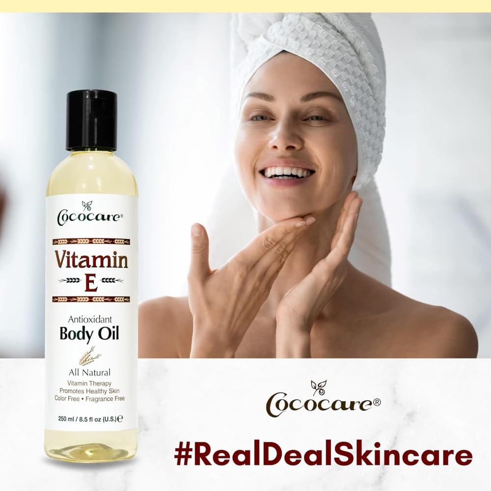 COCOCARE Vitamin E body oil for velvety skin application after showering.