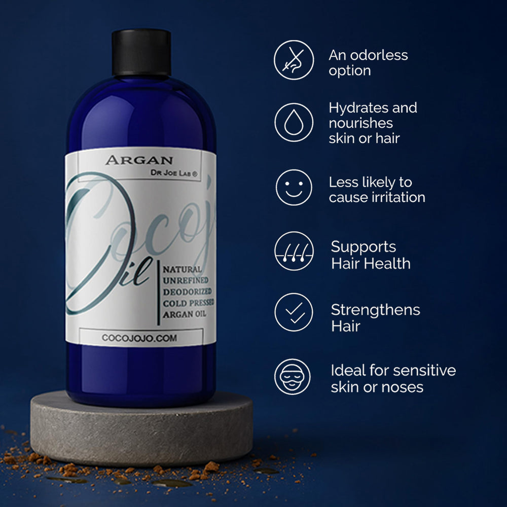 Cocojojo Argan Oil label highlights deodorized formula.
