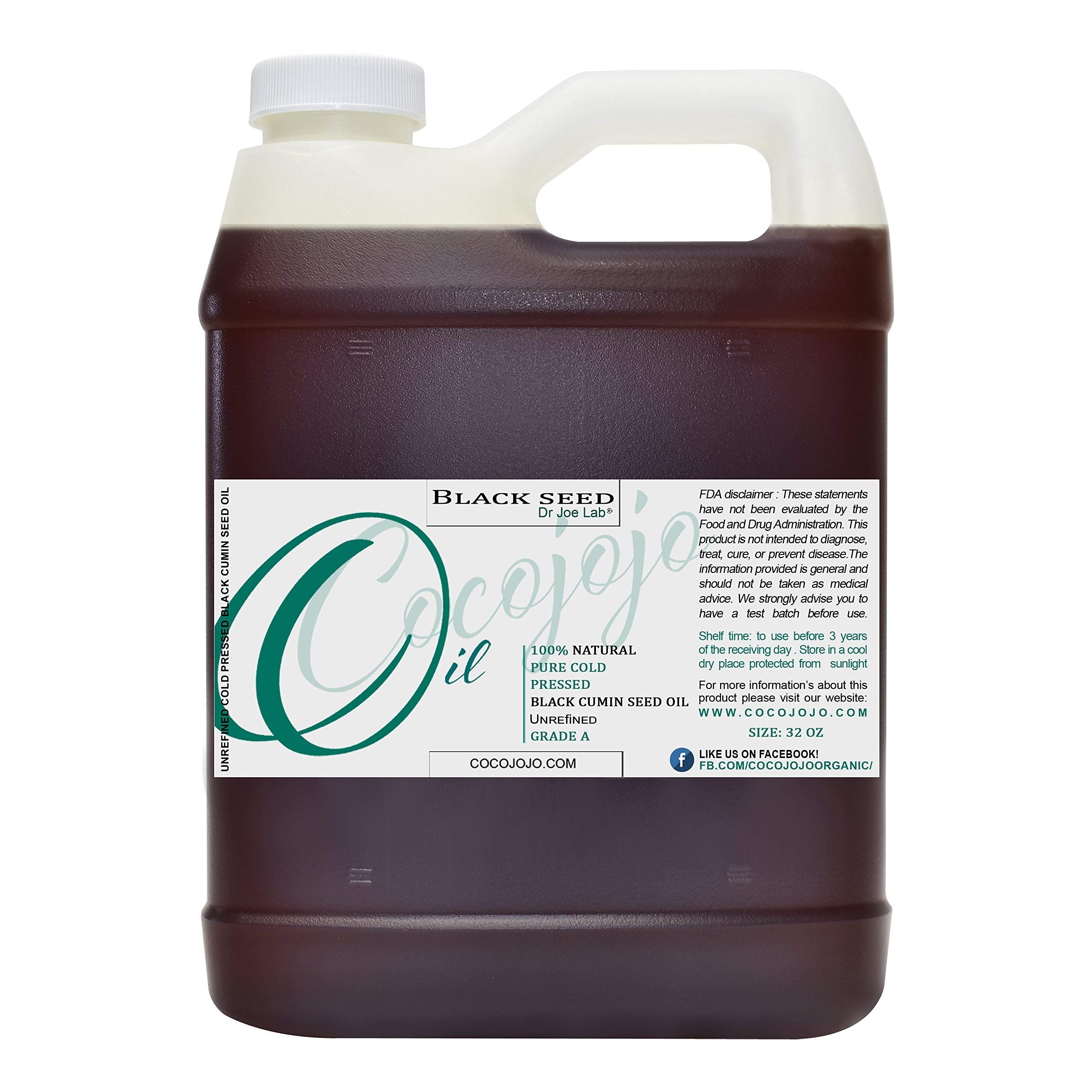 Cocojojo Black Seed Oil label close-up highlighting purity and cold-pressed extraction.