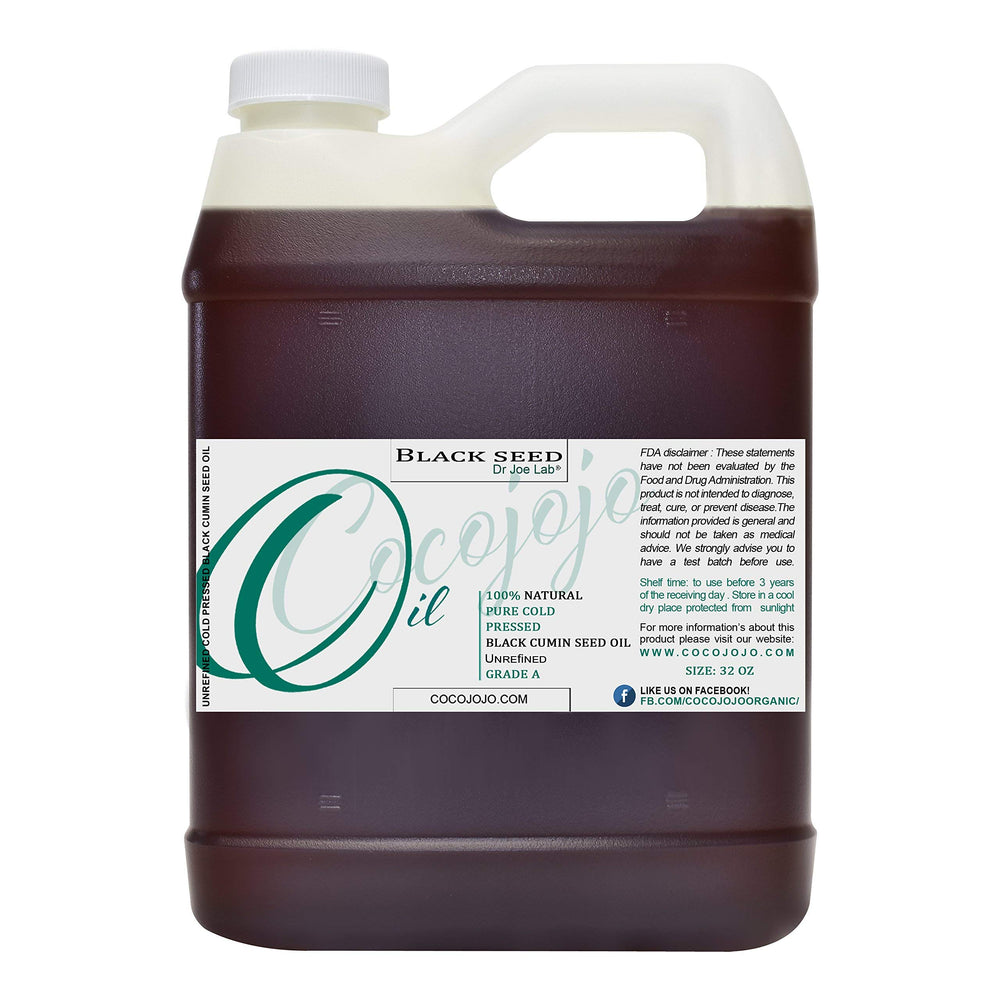Cocojojo Black Seed Oil label close-up highlighting purity and cold-pressed extraction.