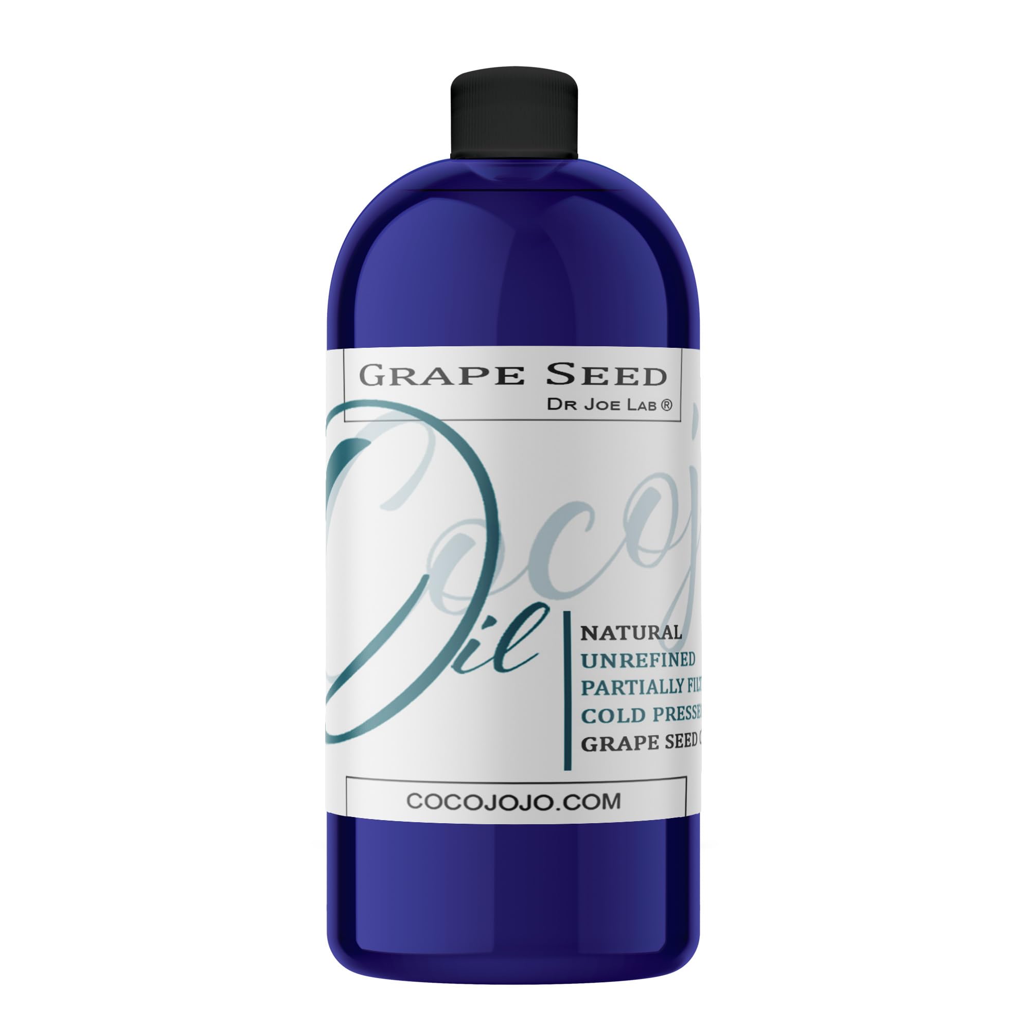 Cocojojo Grapeseed Oil bottle shows pure, unrefined formula ready for skin and hair care.