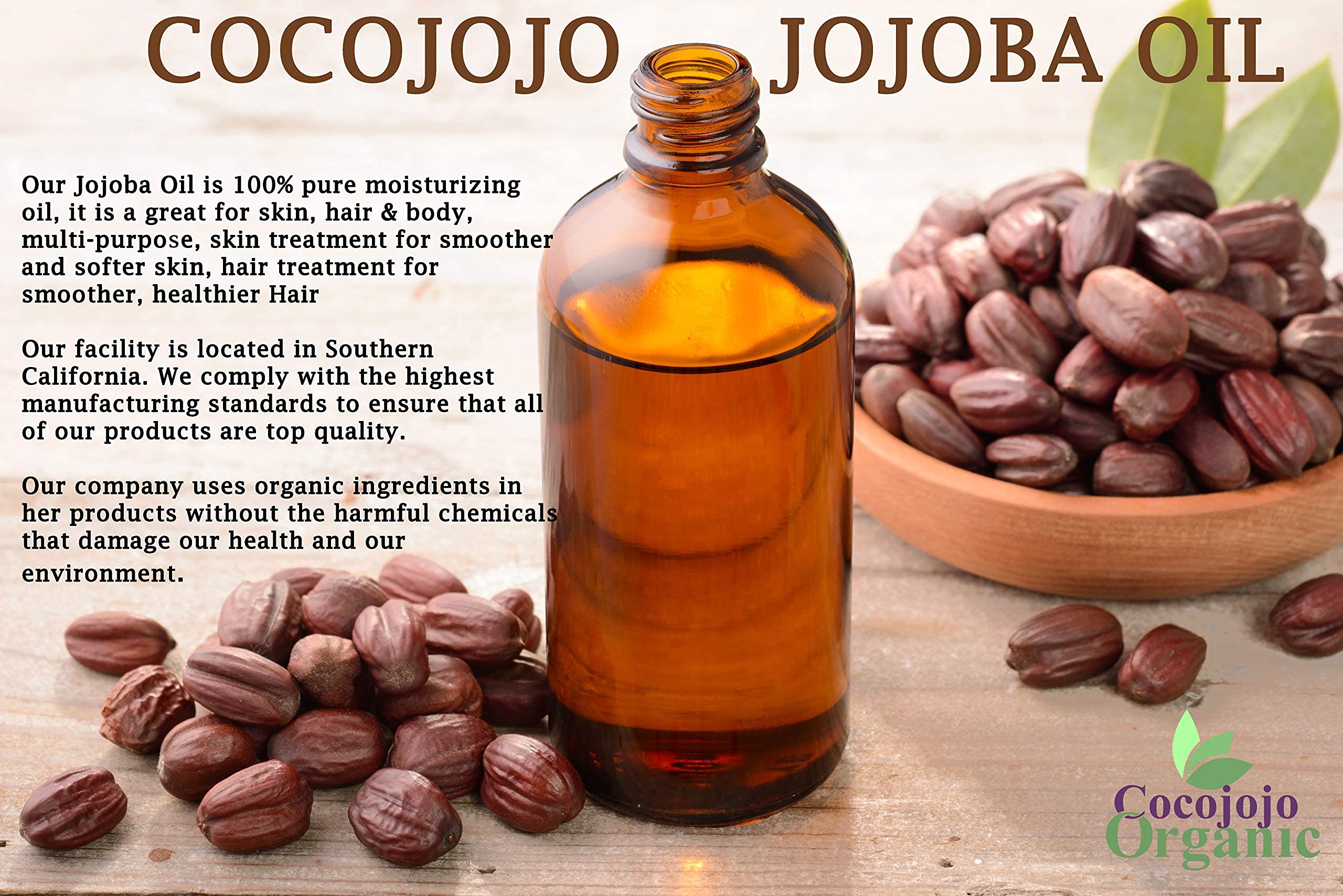 Cocojojo Jojoba Oil with seeds highlights natural origin and plant-based source.