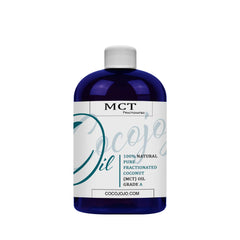 Cocojojo pure fractionated coconut oil bottle front for fast-absorb moisturizer