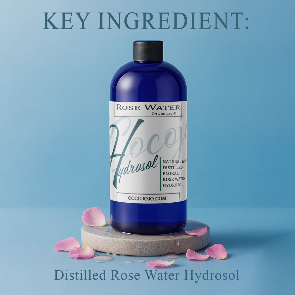 Cocojojo Rose Hydrosol mist being applied to clean skin for hydration.