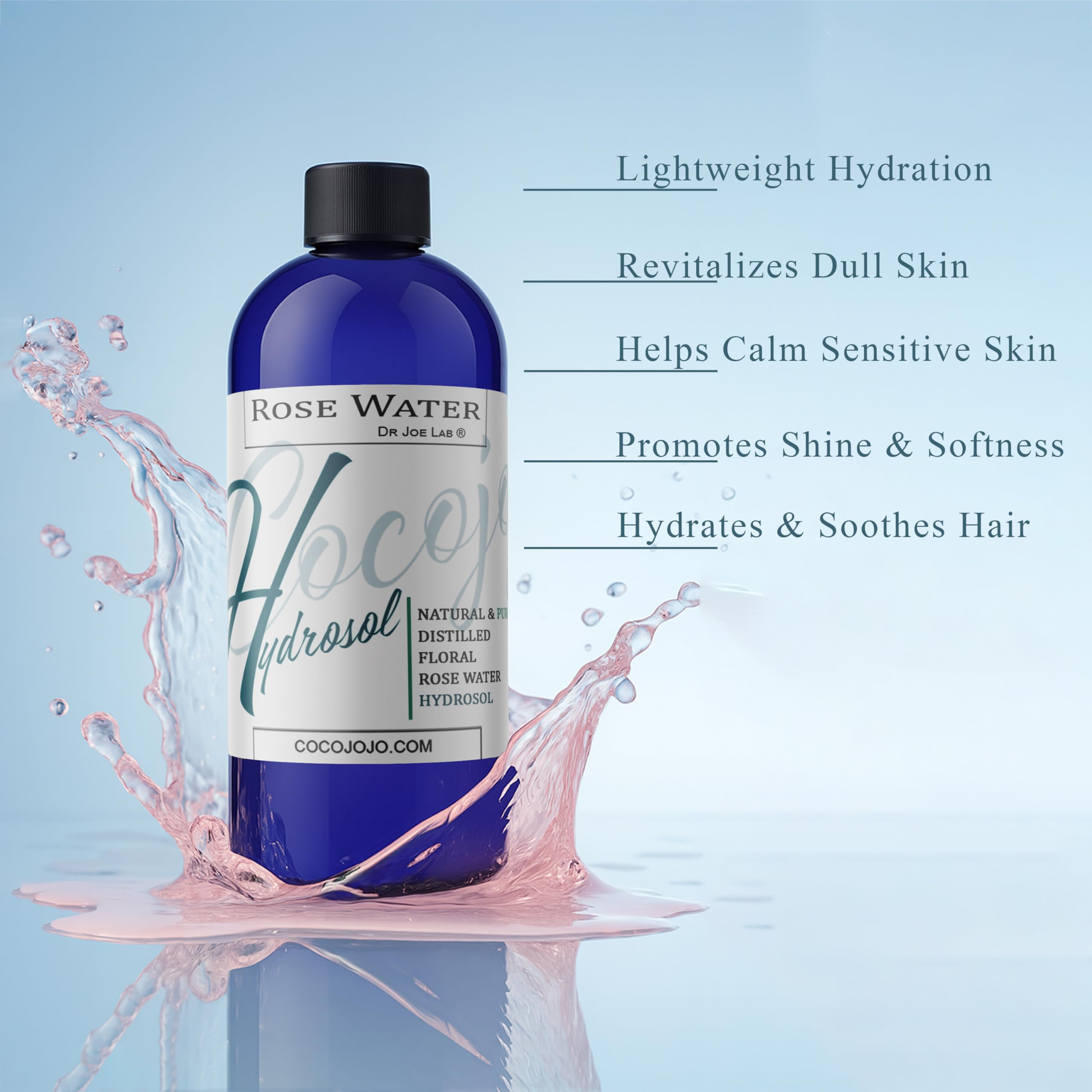 Cocojojo rose hydrosol spray nozzle releasing a fine mist for quick hydration.