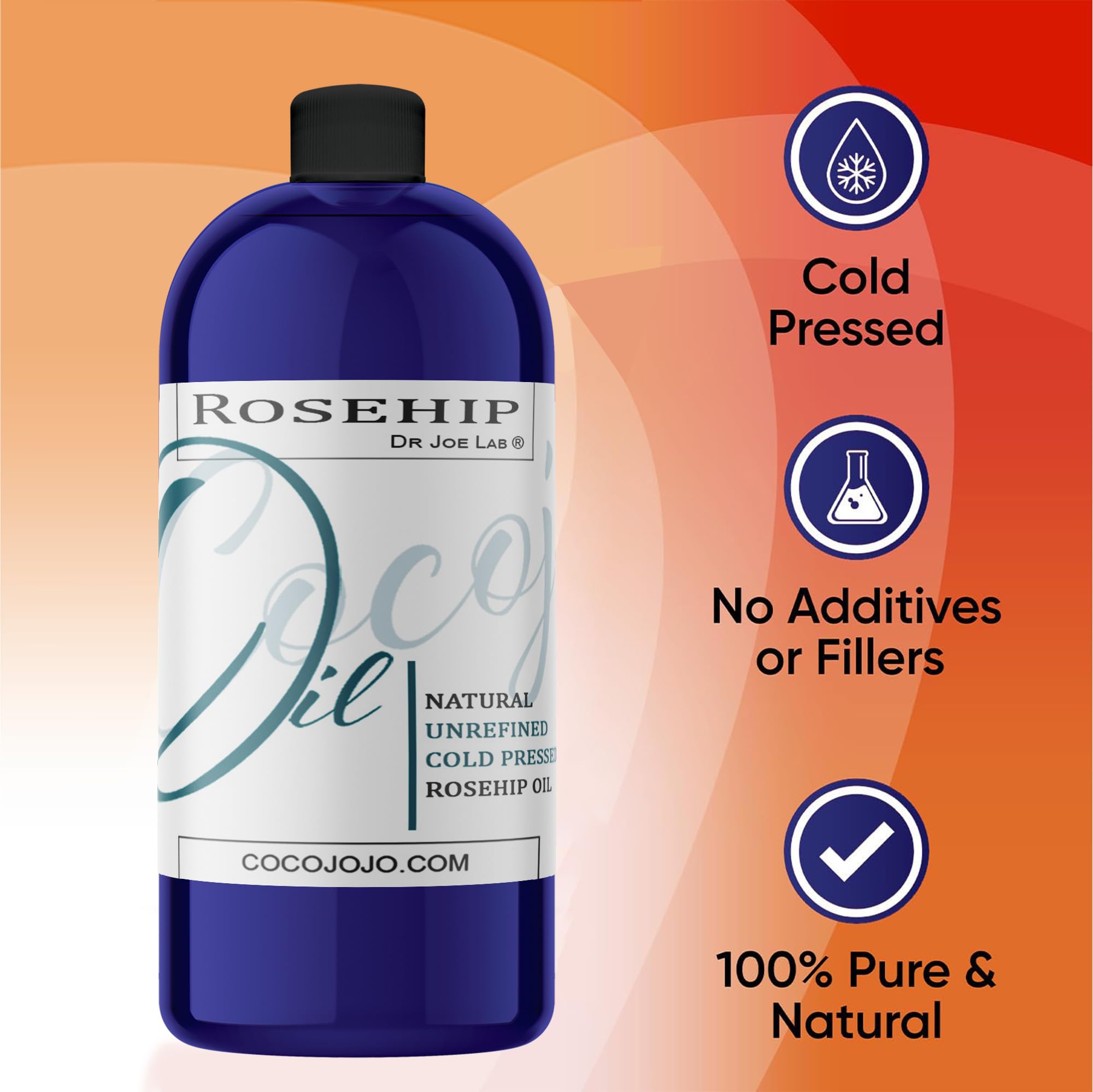 Cocojojo Rosehip Oil bottle highlights cold-pressed unrefined purity.