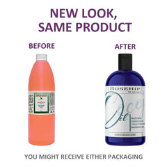 Cocojojo Rosehip Oil amber bottle on a vanity emphasizes purity and unrefined quality.
