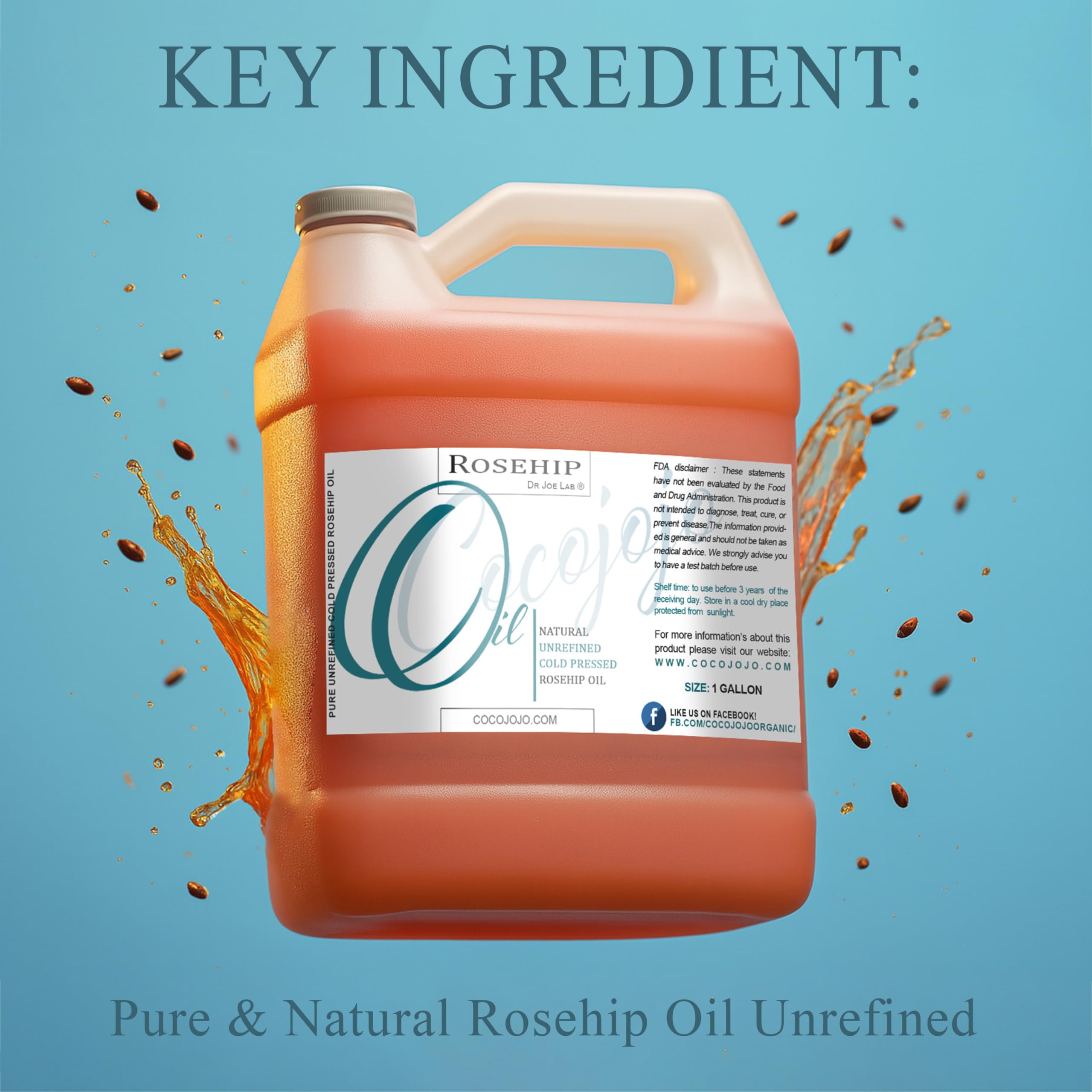Cocojojo Rosehip Oil bottle pour illustrating quick absorption