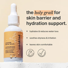 Close-up of Cocokind Ceramide Barrier Serum 2oz bottle highlighting hydration benefits.