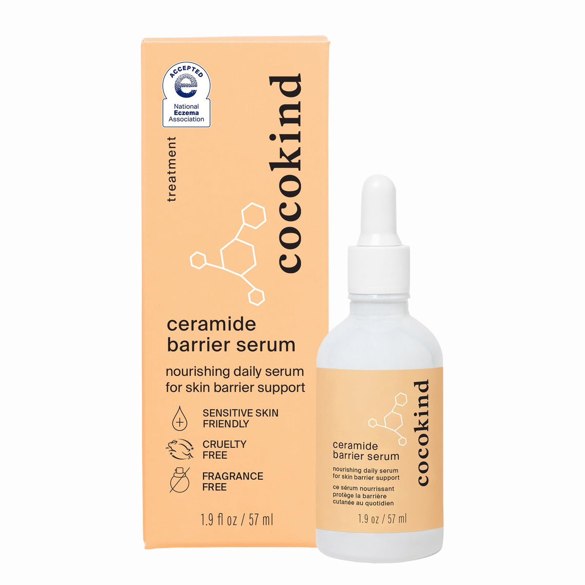 Cocokind Ceramide Barrier Serum bottle shows fragrance-free hydration for all skin types.