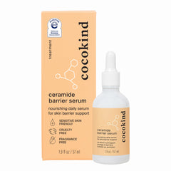 Cocokind Ceramide Barrier Serum bottle shows fragrance-free hydration for all skin types.