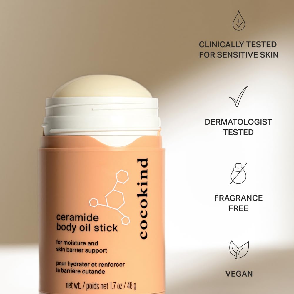 Cocokind Ceramide Body Oil Stick texture close-up highlighting rich hydration.