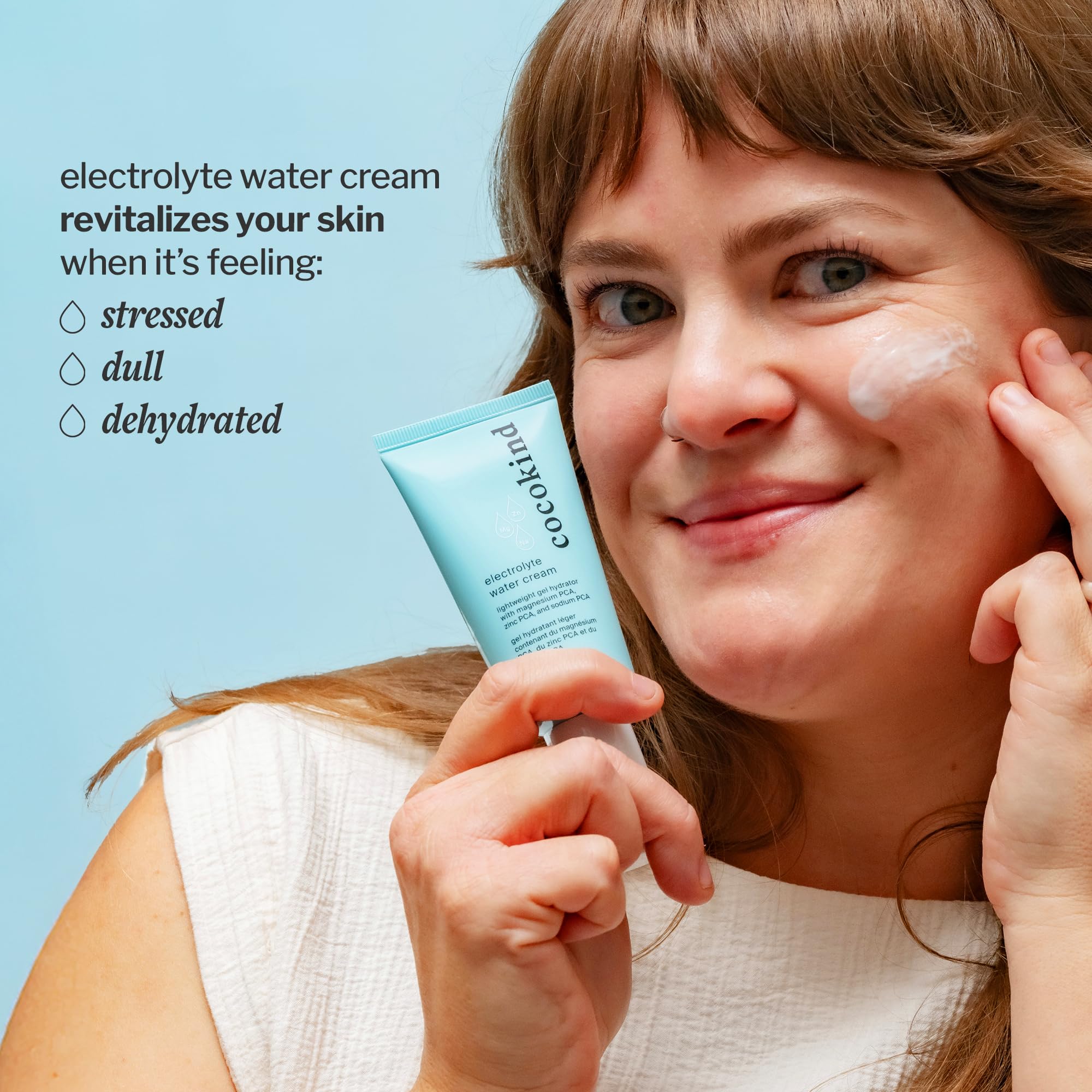 Packaging of Cocokind Electrolyte Water Cream highlighting vegan, fragrance-free formula.