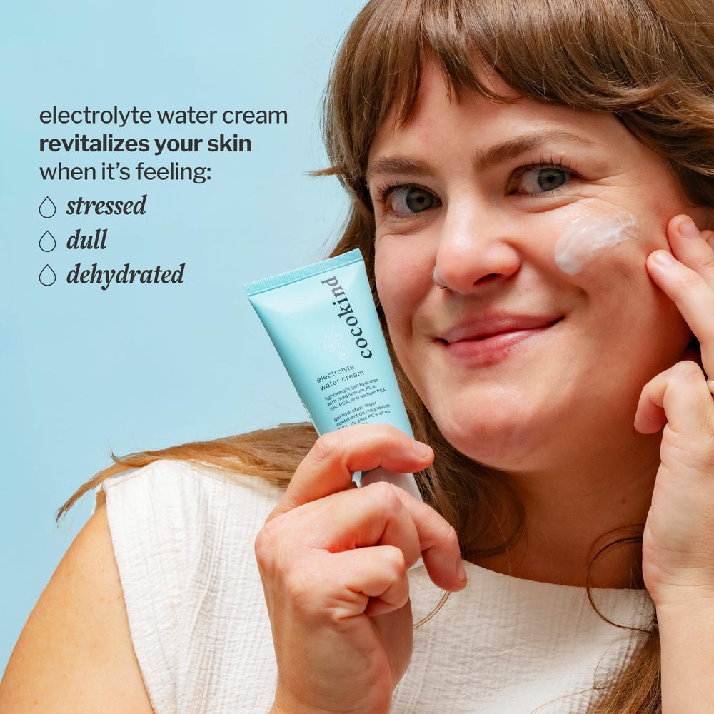 Packaging of Cocokind Electrolyte Water Cream highlighting vegan, fragrance-free formula.