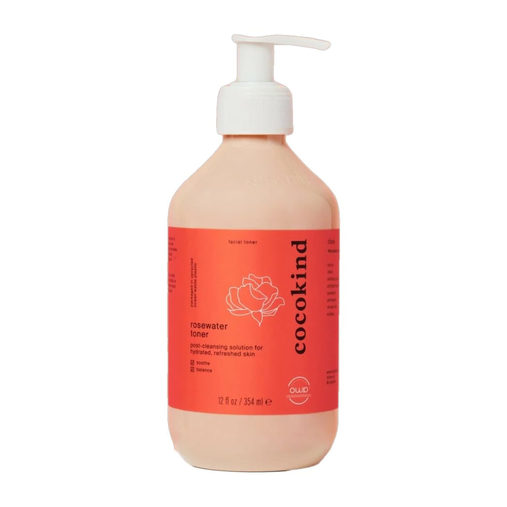 Cocokind Jumbo Rosewater Toner bottle misting to hydrate skin.