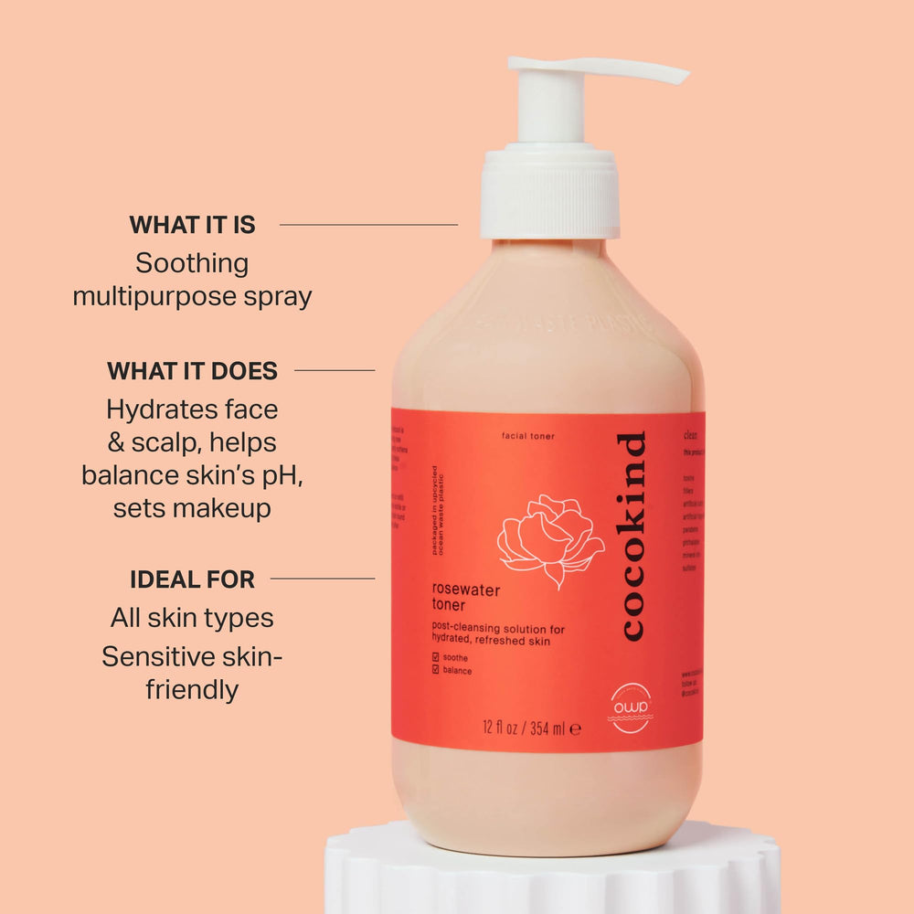 Cocokind Jumbo Rosewater Toner sprayed on scalp for hydration.