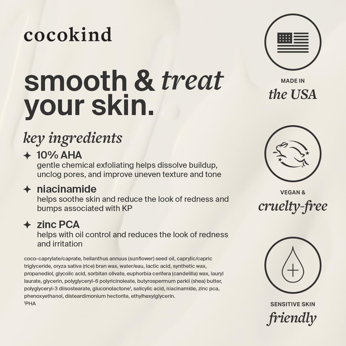 Eco-conscious packaging and cruelty-free branding accompany Cocokind KP Smoothing Stick.