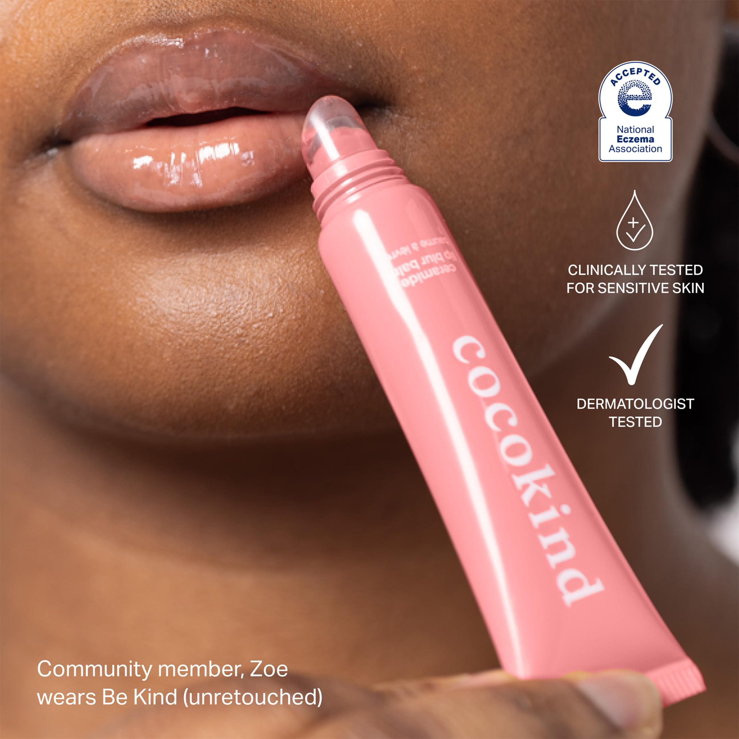 Cocokind lip blur balm with glossy finish delivering smooth, hydrated lips.