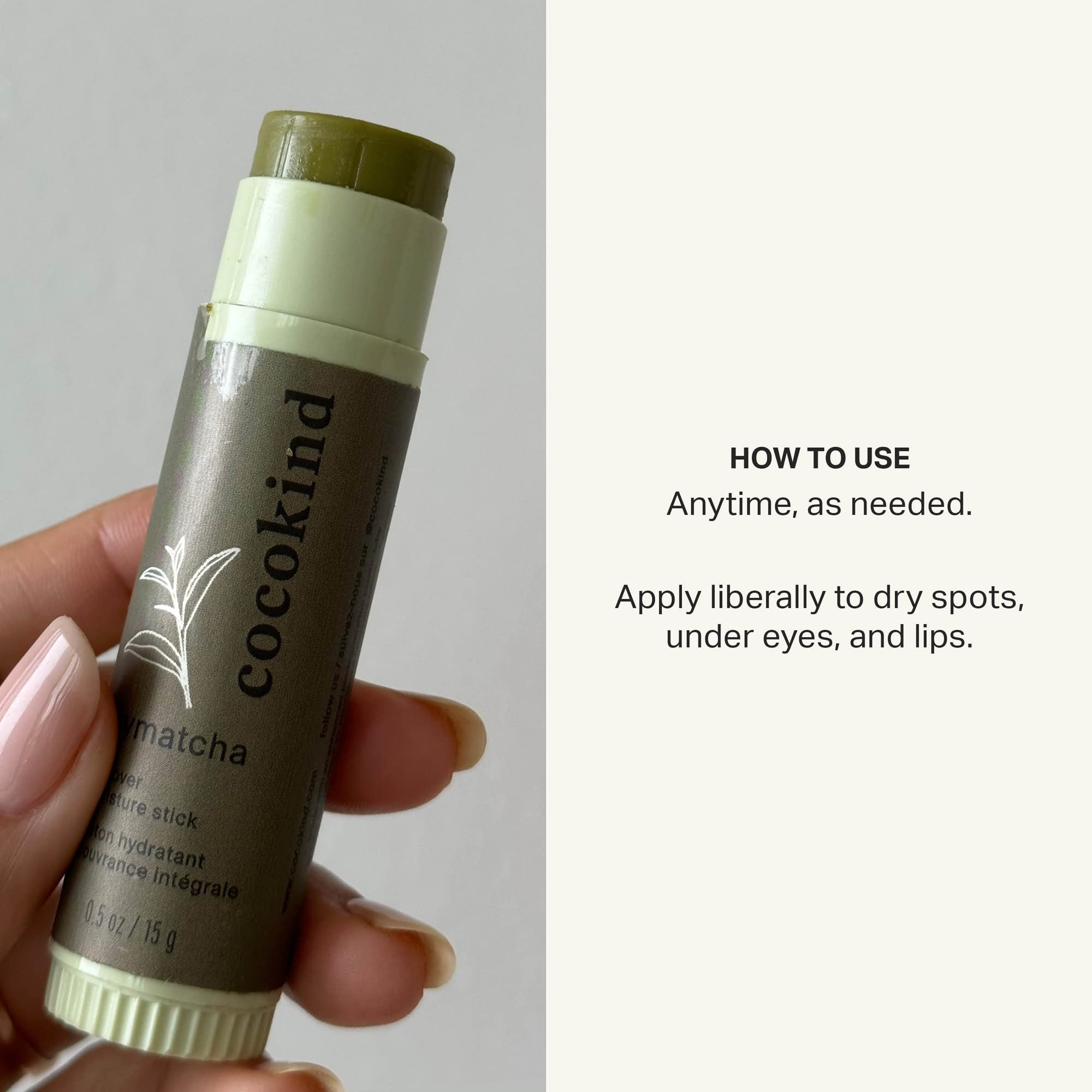 Cocokind Mymatcha Stick on the face provides targeted moisture.
