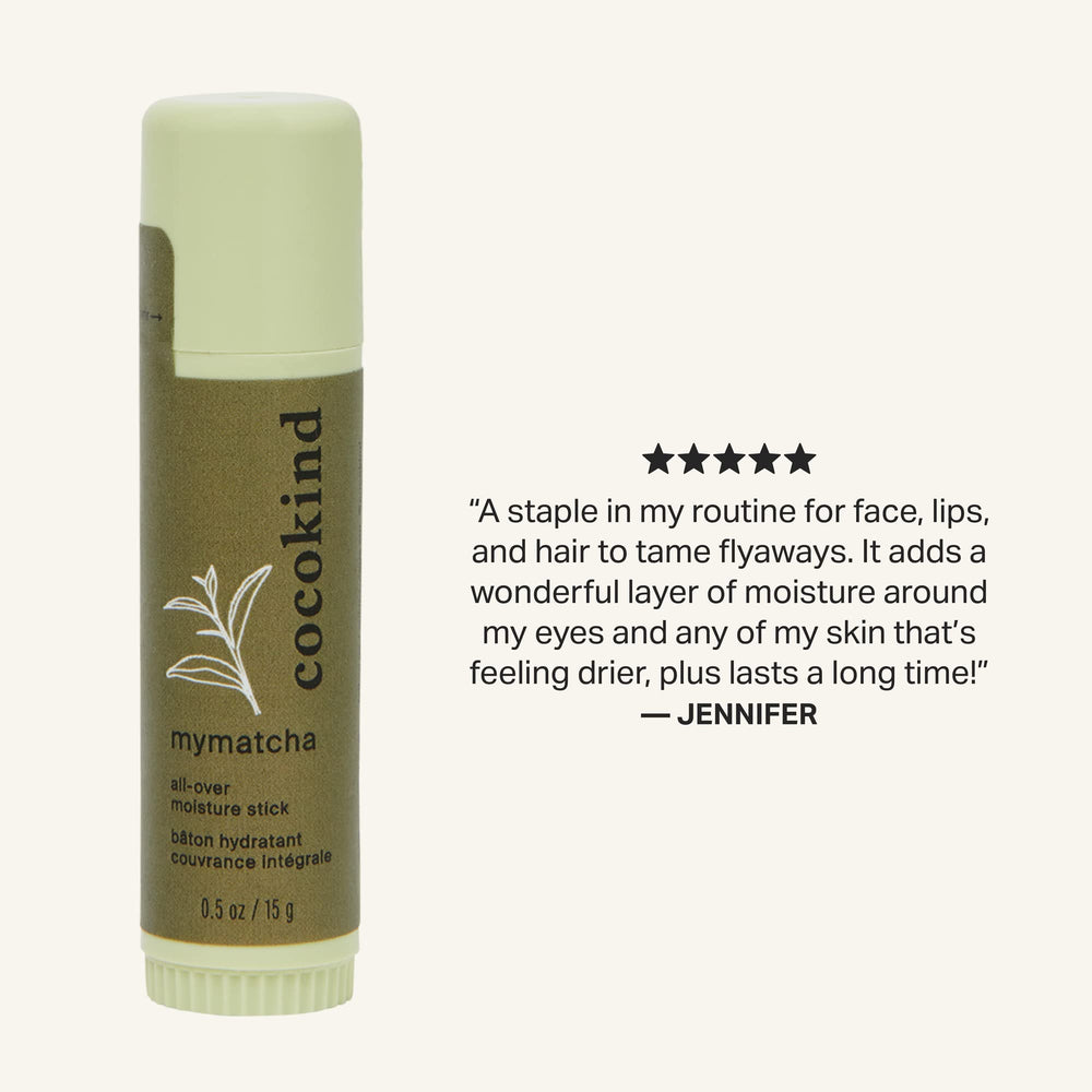 Cocokind Mymatcha Stick highlights coconut oil as a nourishing ingredient.