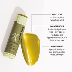 Cocokind Mymatcha Stick applied to lips for immediate moisture.