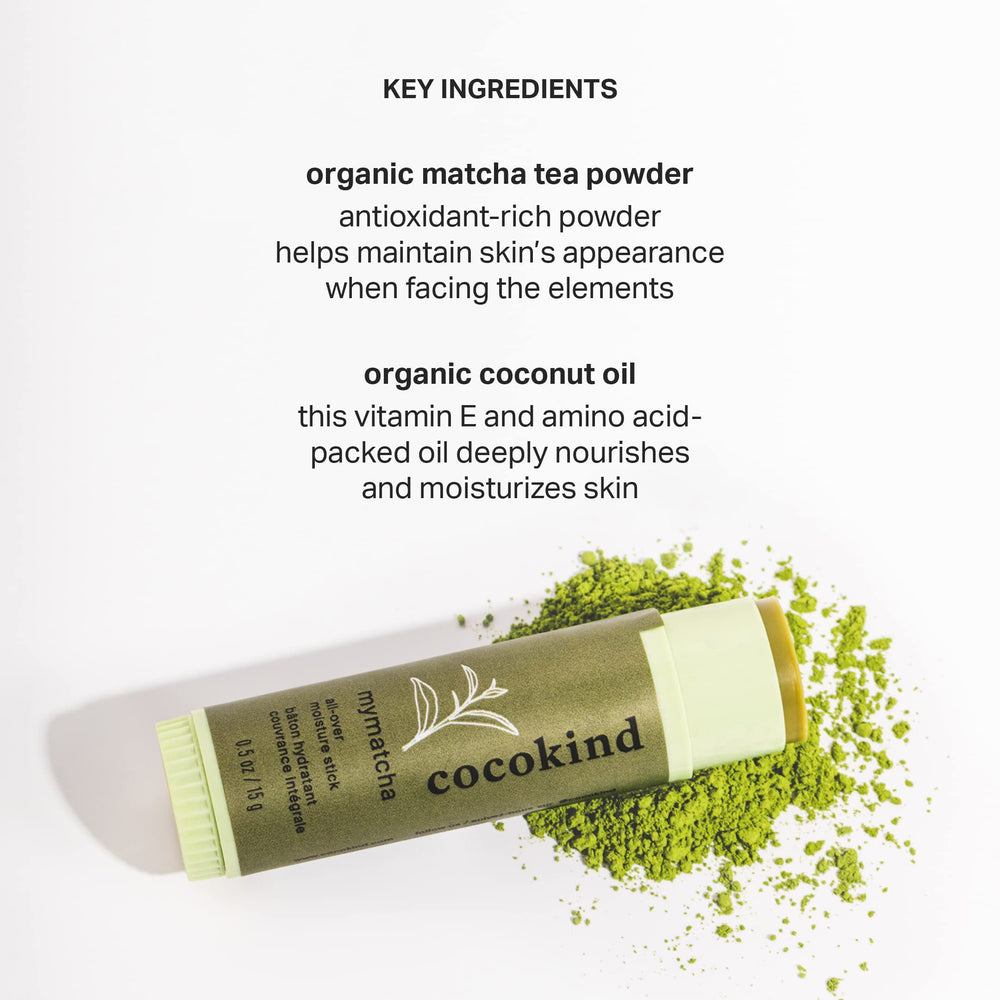 Cocokind Mymatcha Stick used under the eyes for dryness relief.