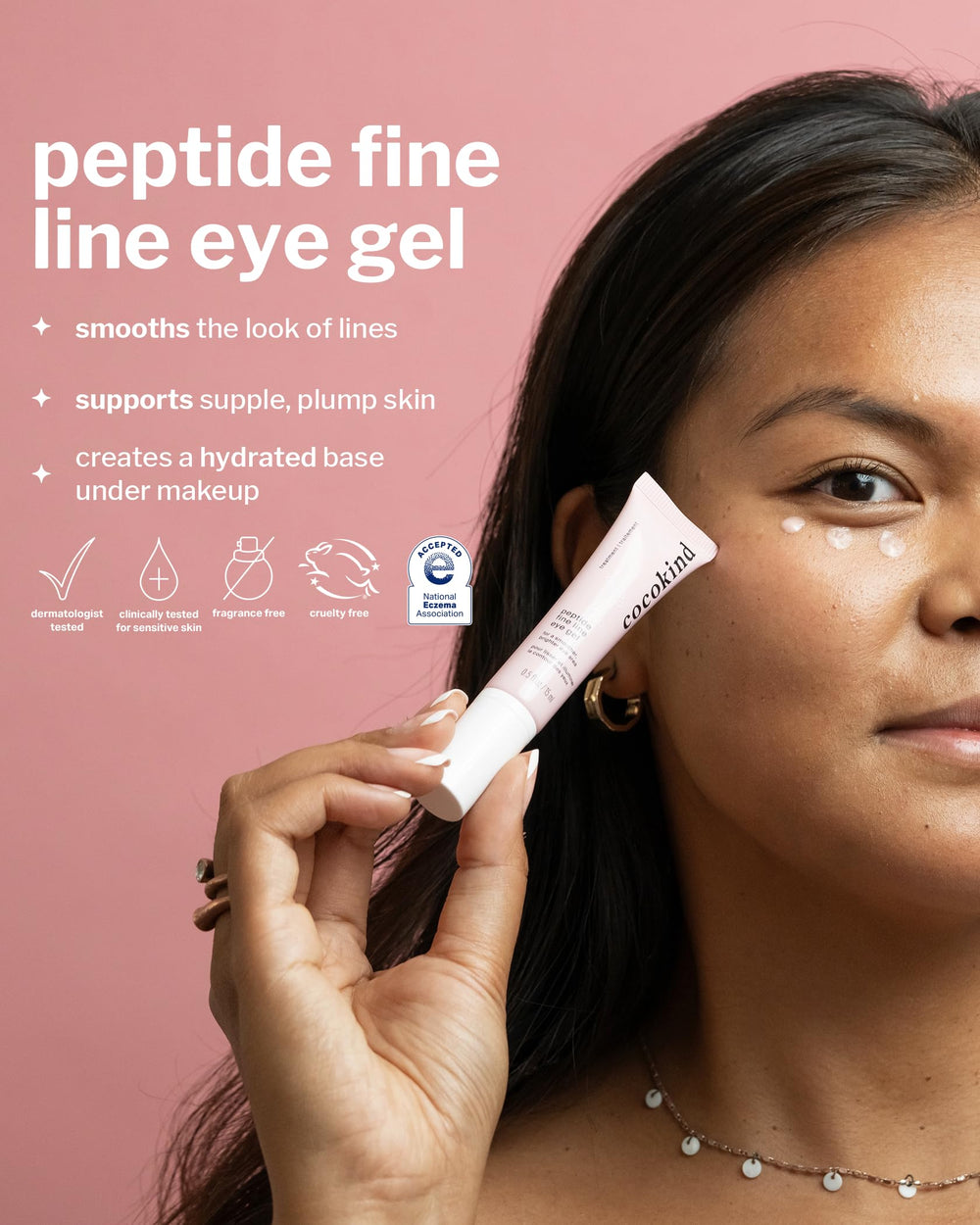 Cocokind Peptide Eye Gel packaging shot highlighting fragrance-free vegan formula for sensitive skin.