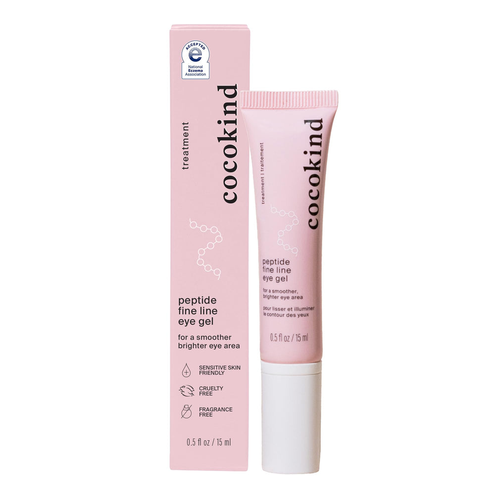 Cocokind Peptide Eye Gel tube close-up illustrating lightweight hydration for the eye area.