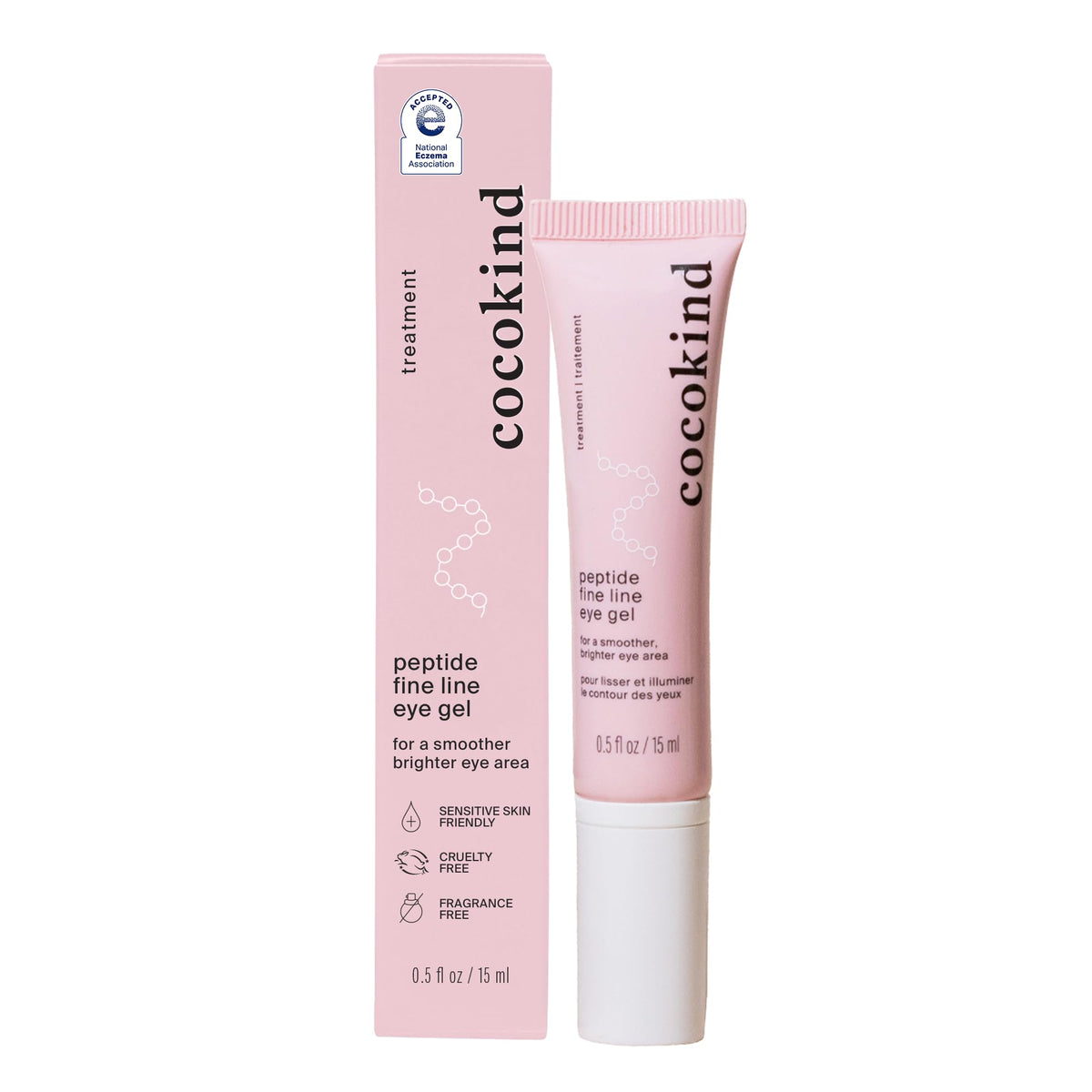 Cocokind Peptide Eye Gel tube close-up illustrating lightweight hydration for the eye area.