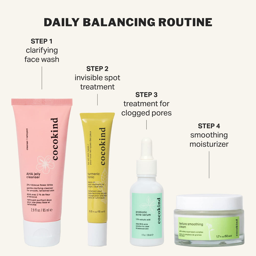 Cocokind Postbiotic Acne Serum in-use shot suggesting daytime relief and routine fit.