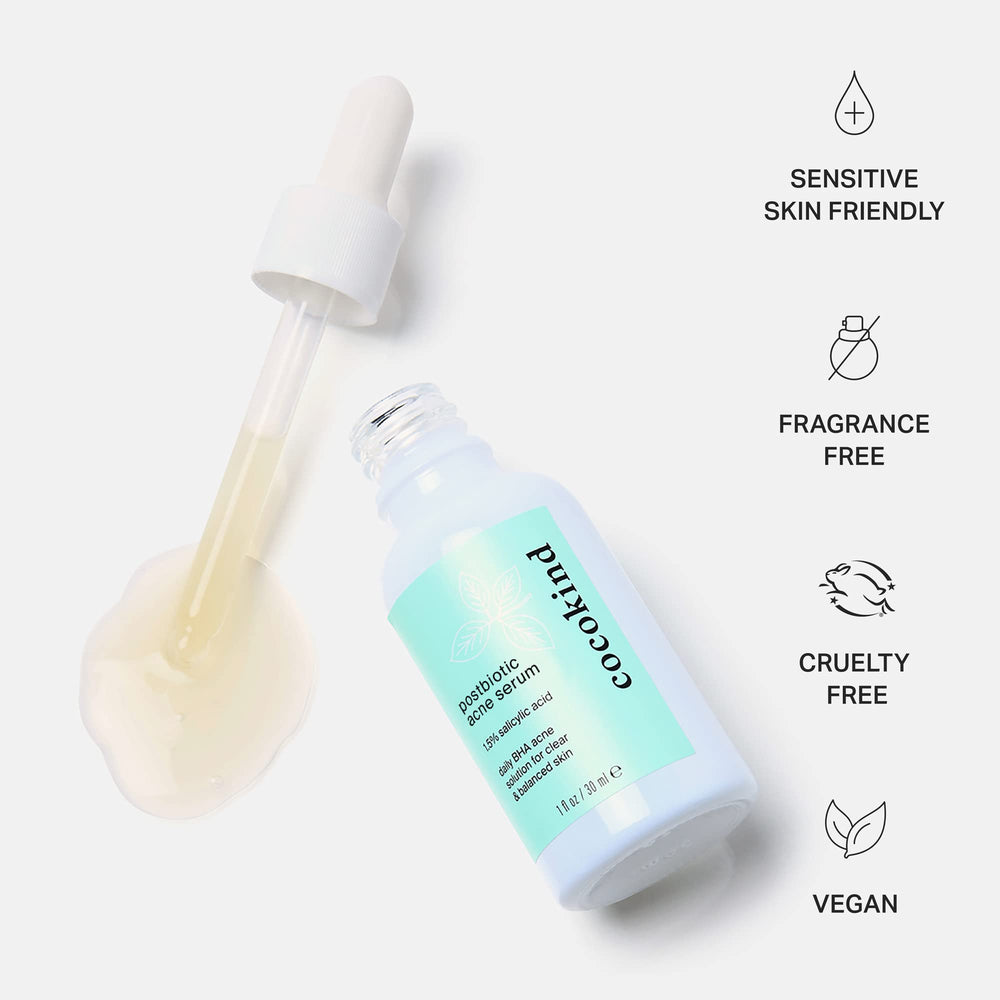 Cocokind Postbiotic Acne Serum packaging emphasizes eco-friendly, earth-conscious design.