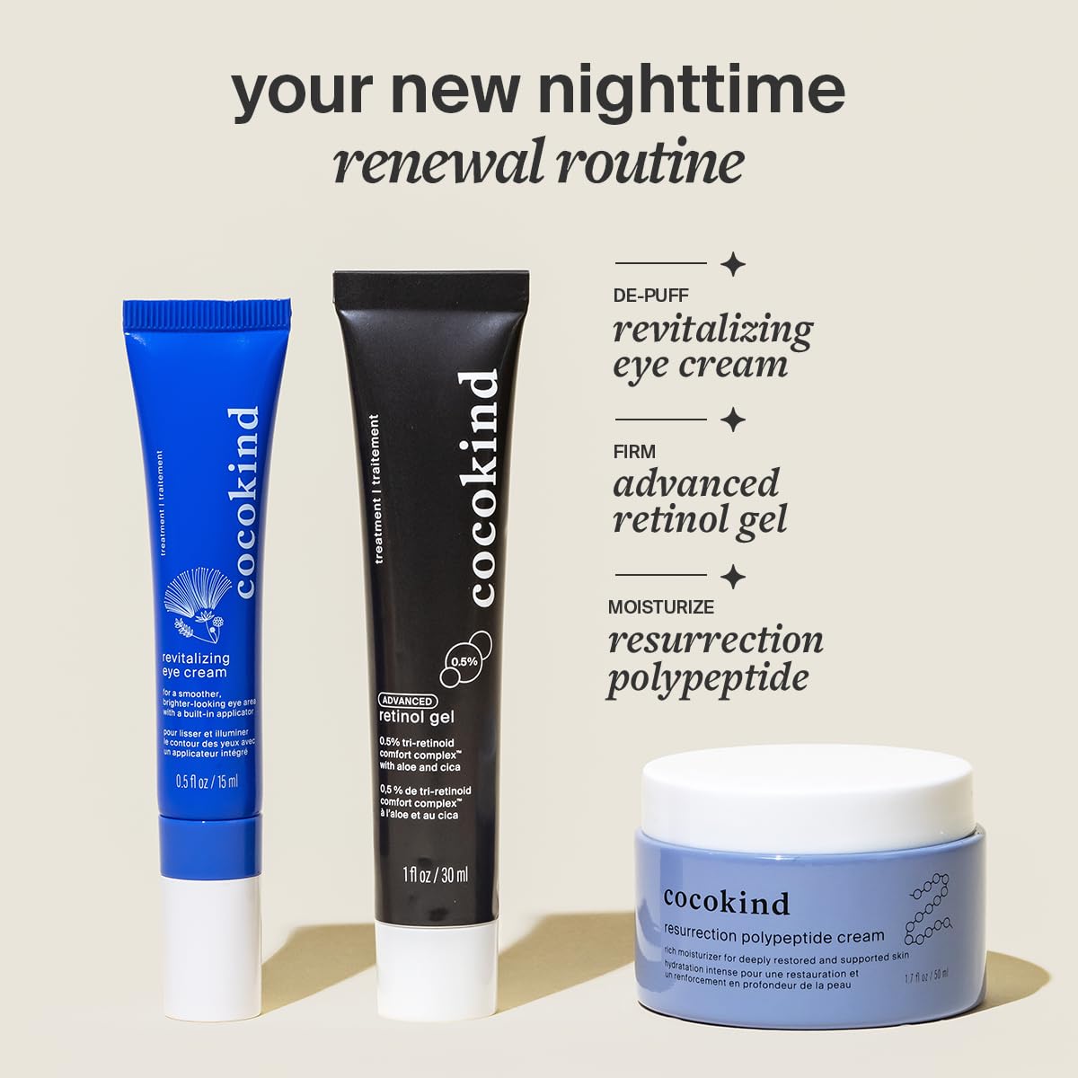 Cocokind Retinol Gel 0.5% ingredients panel lists aloe cica and squalane