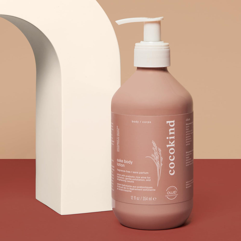 Cocokind Sake Body Lotion label highlights vegan and fragrance-free formula