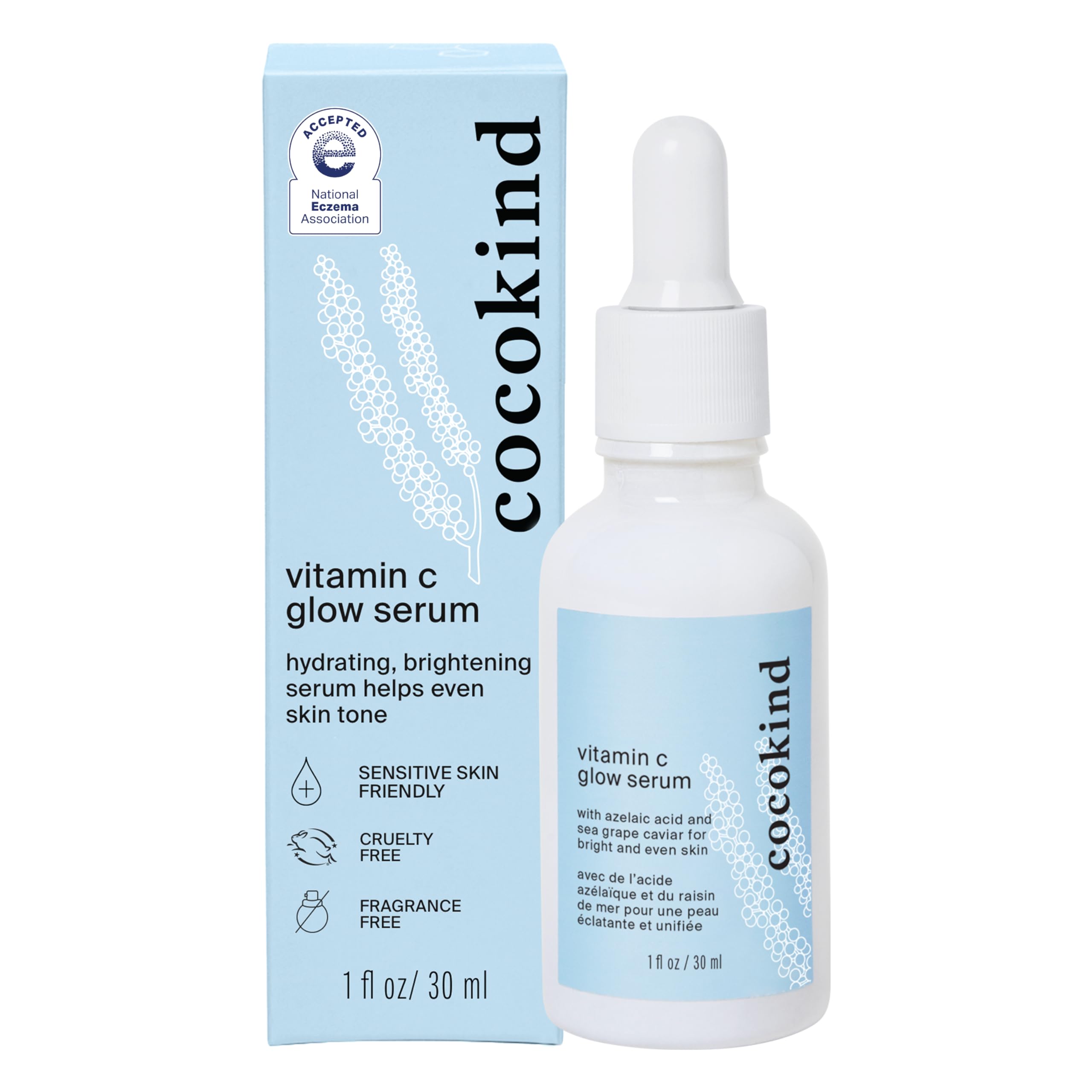 Cocokind Vitamin C Glow Serum bottle shows hydrating formula for radiant skin