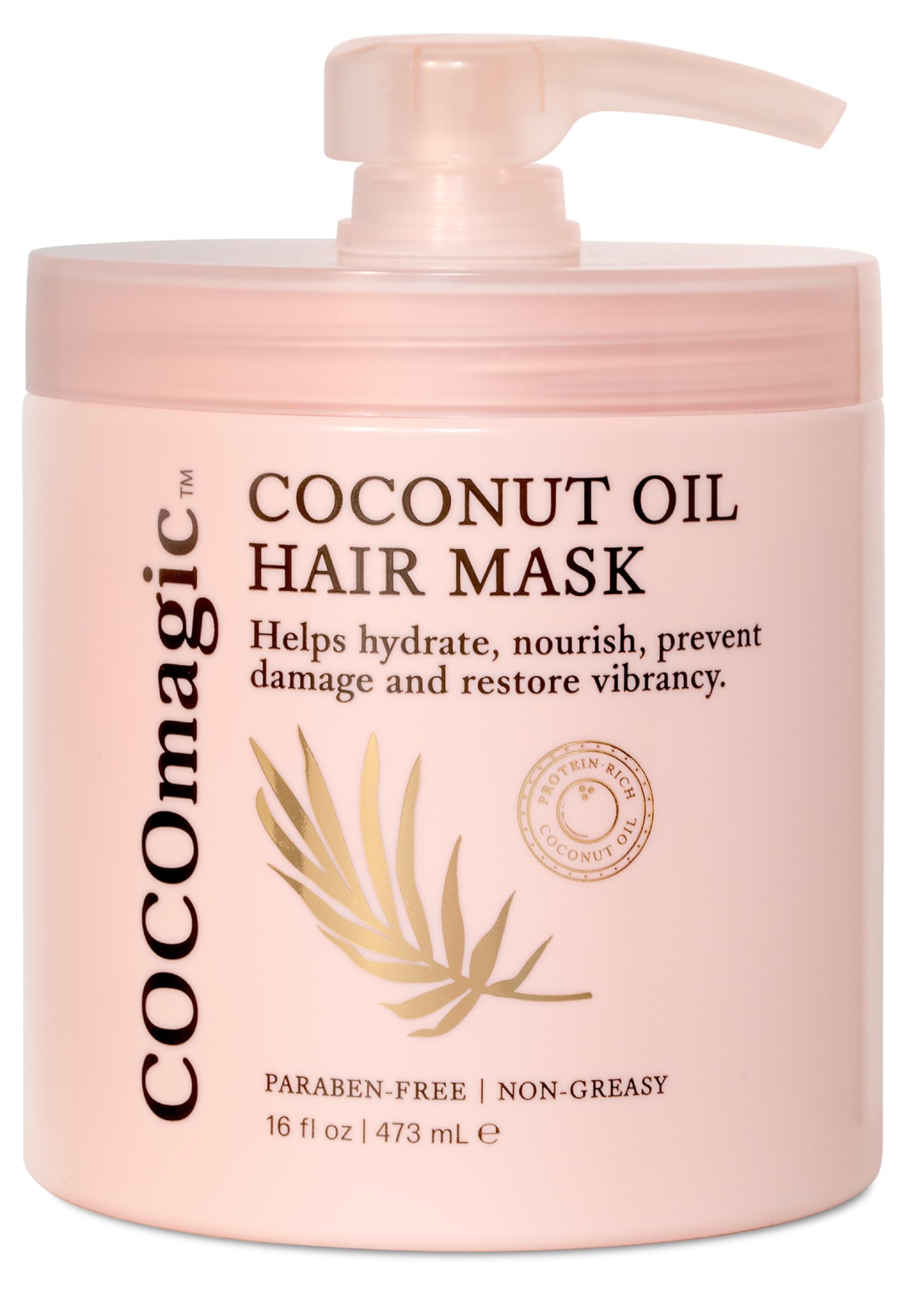 Cocomagic Coconut Oil Hair Mask bottle pouring for deep hydration and frizz control