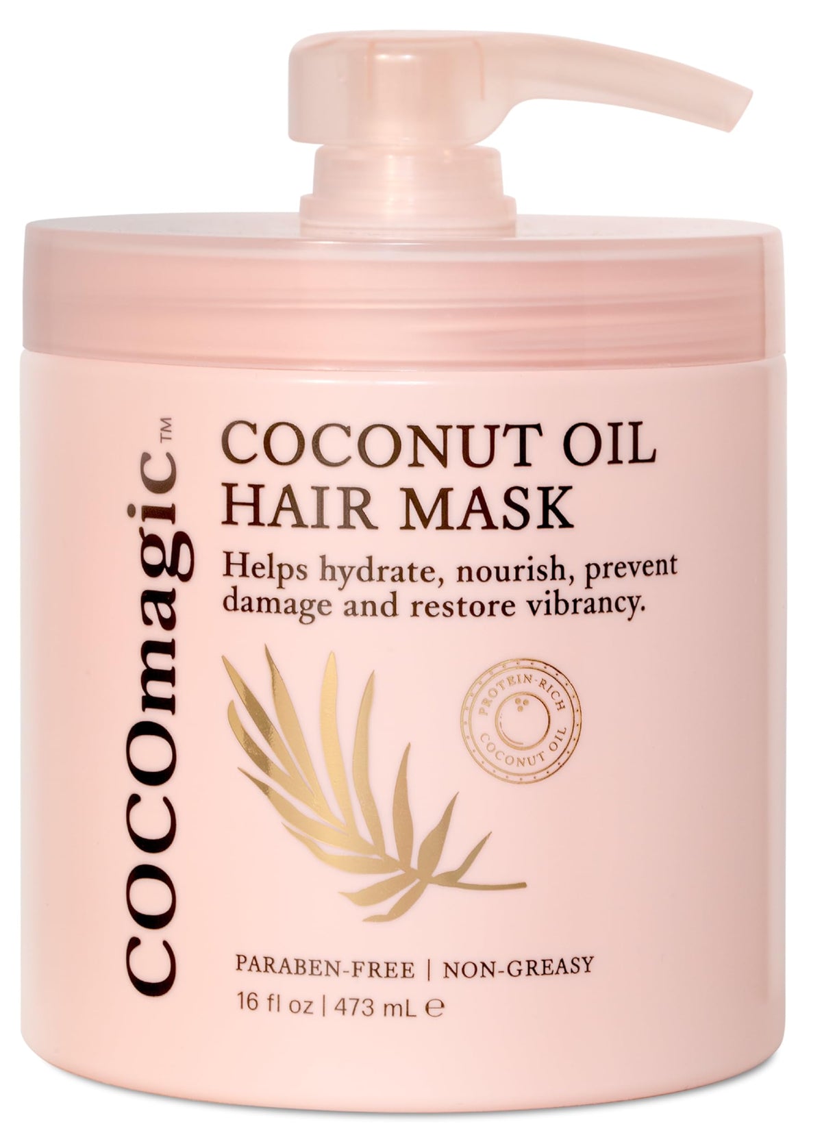 Cocomagic Coconut Oil Hair Mask bottle pouring for deep hydration and frizz control
