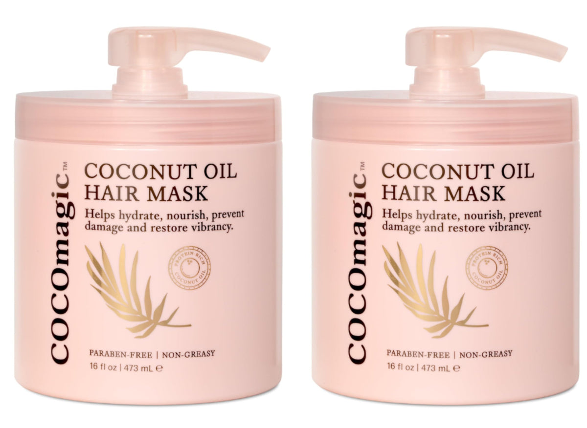 Cocomagic coconut oil hair mask jar close-up for deep conditioning and shine