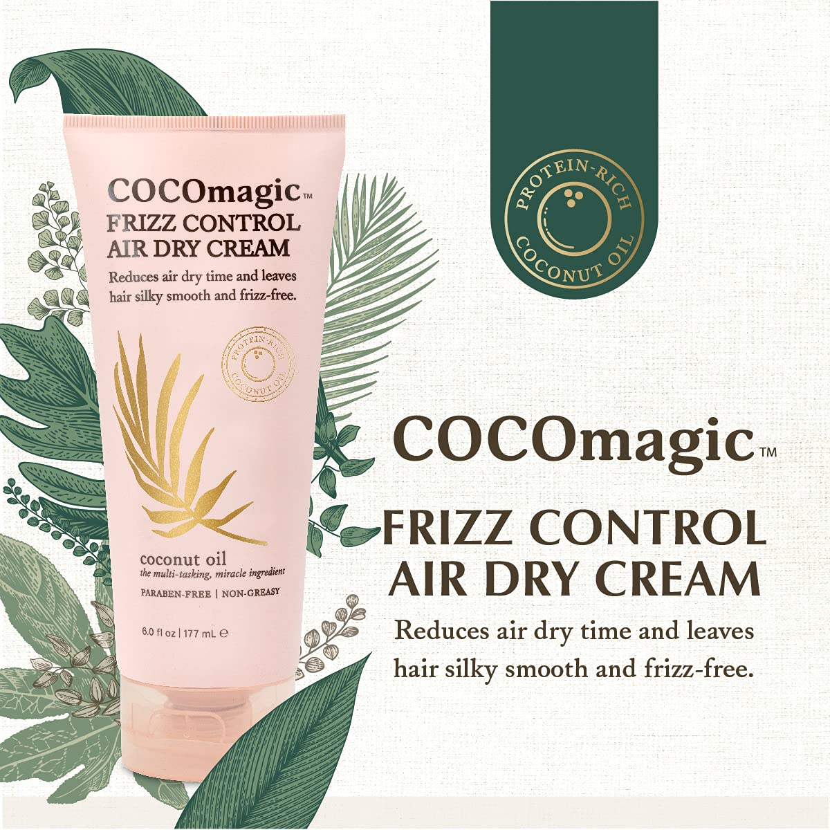 Cocomagic Frizz Control Air Dry Cream dispensing pump demonstrates easy application for smoothing