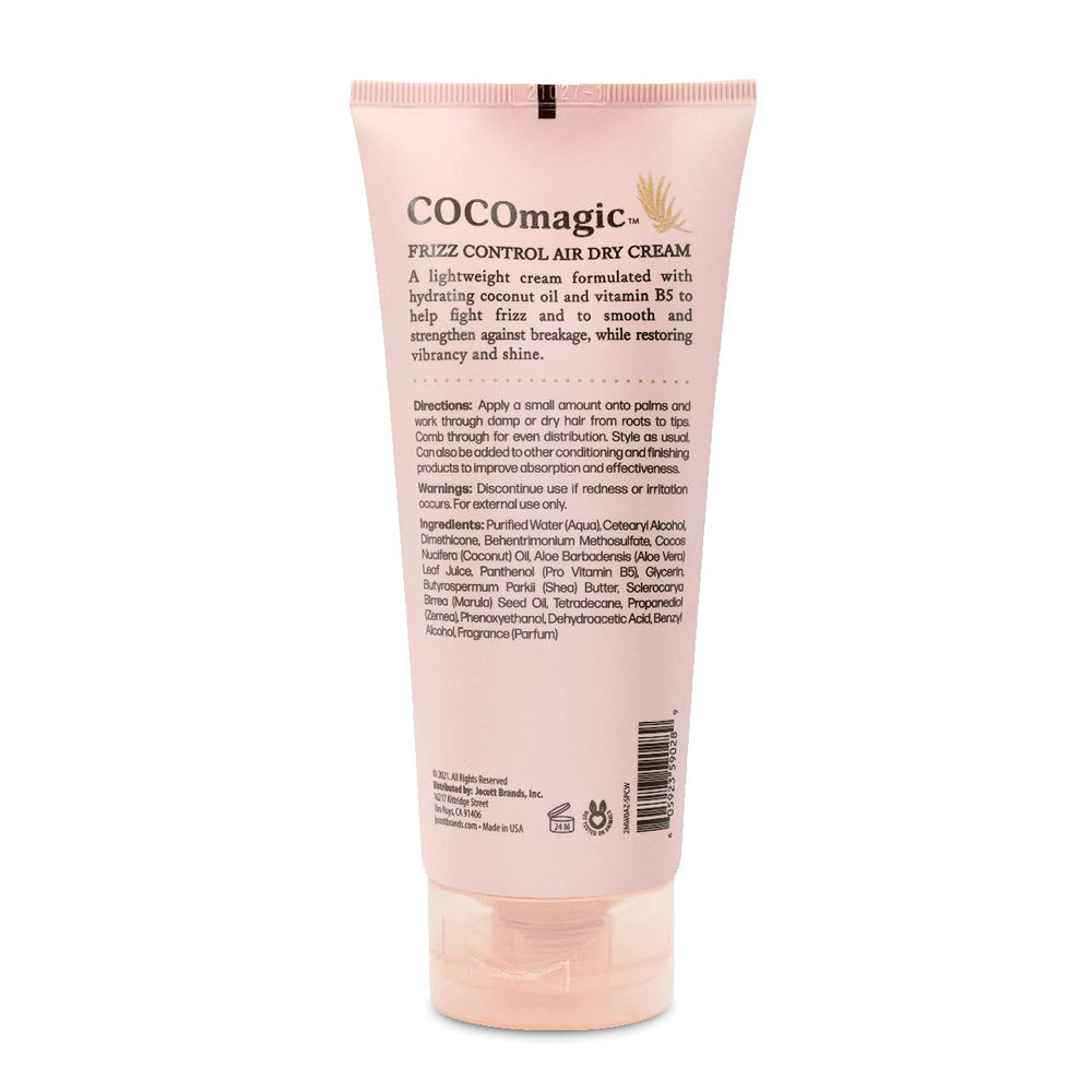 Cocomagic Frizz Control Air Dry Cream label close-up highlights paraben-free cruelty-free formula